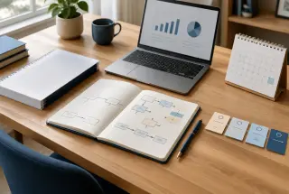 Bureau organisé avec un carnet de planification, un manuscrit, un calendrier et un ordinateur représentant la préparation stratégique du lancement d’un livre.