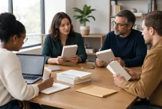 Une autrice échange avec trois lecteurs autour d’exemplaires d’un livre dans un bureau lumineux, dans une ambiance collaborative et transparente.